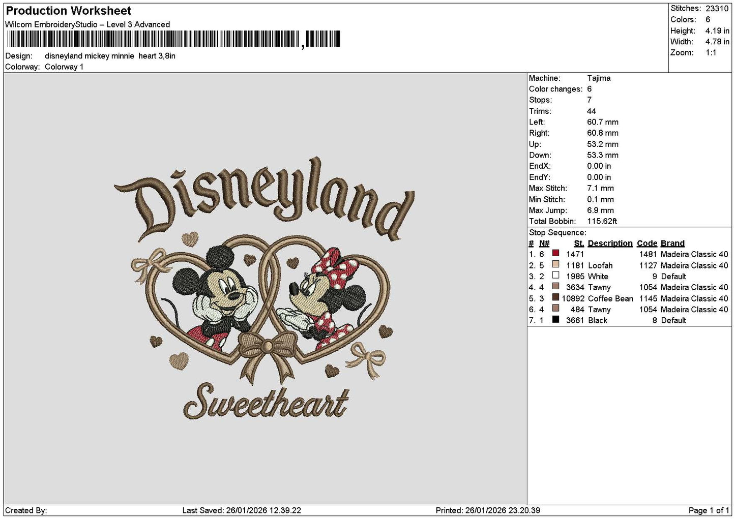 Dland Mickey Heart 2601 Embroidery File 6 sizes
