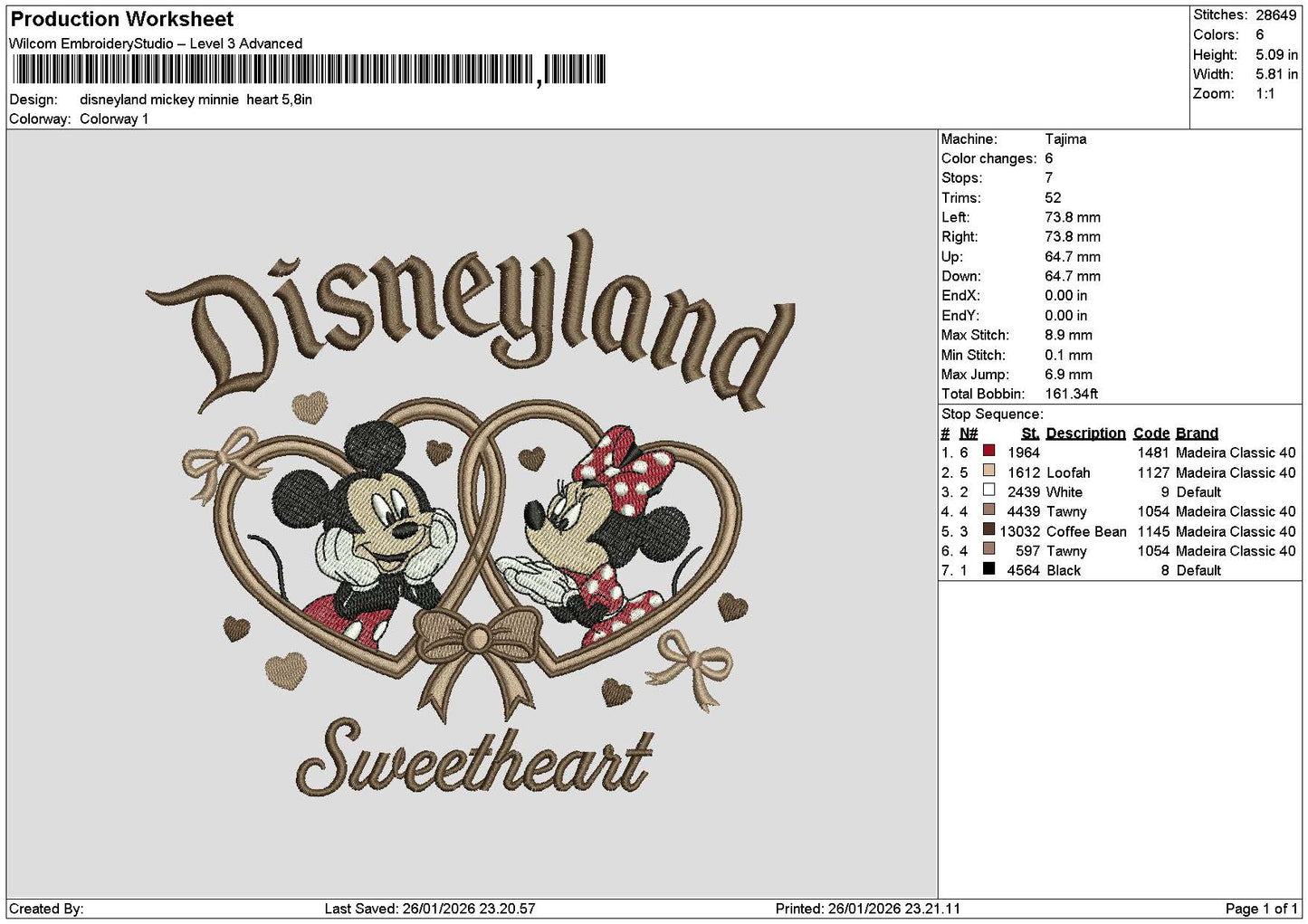 Dland Mickey Heart 2601 Embroidery File 6 sizes