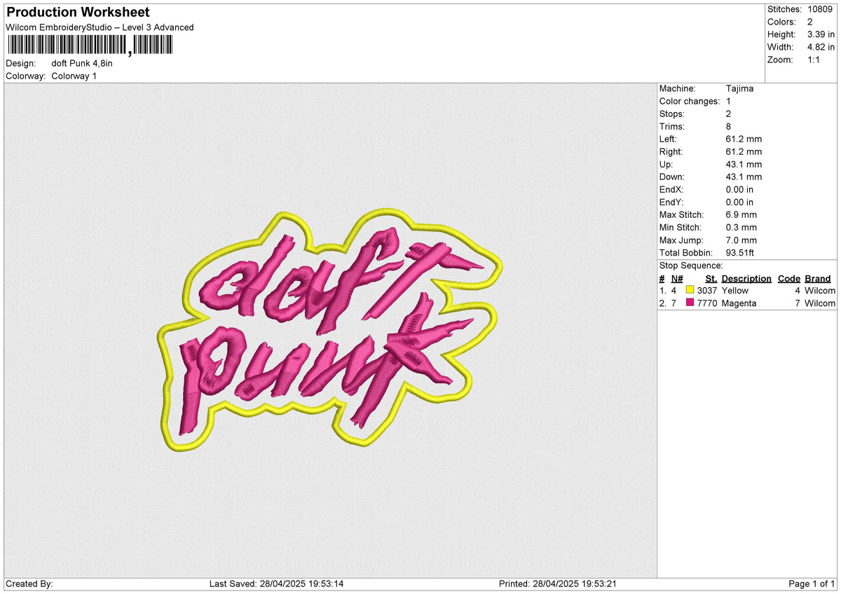 Doft Punk Embroidery File 6 size