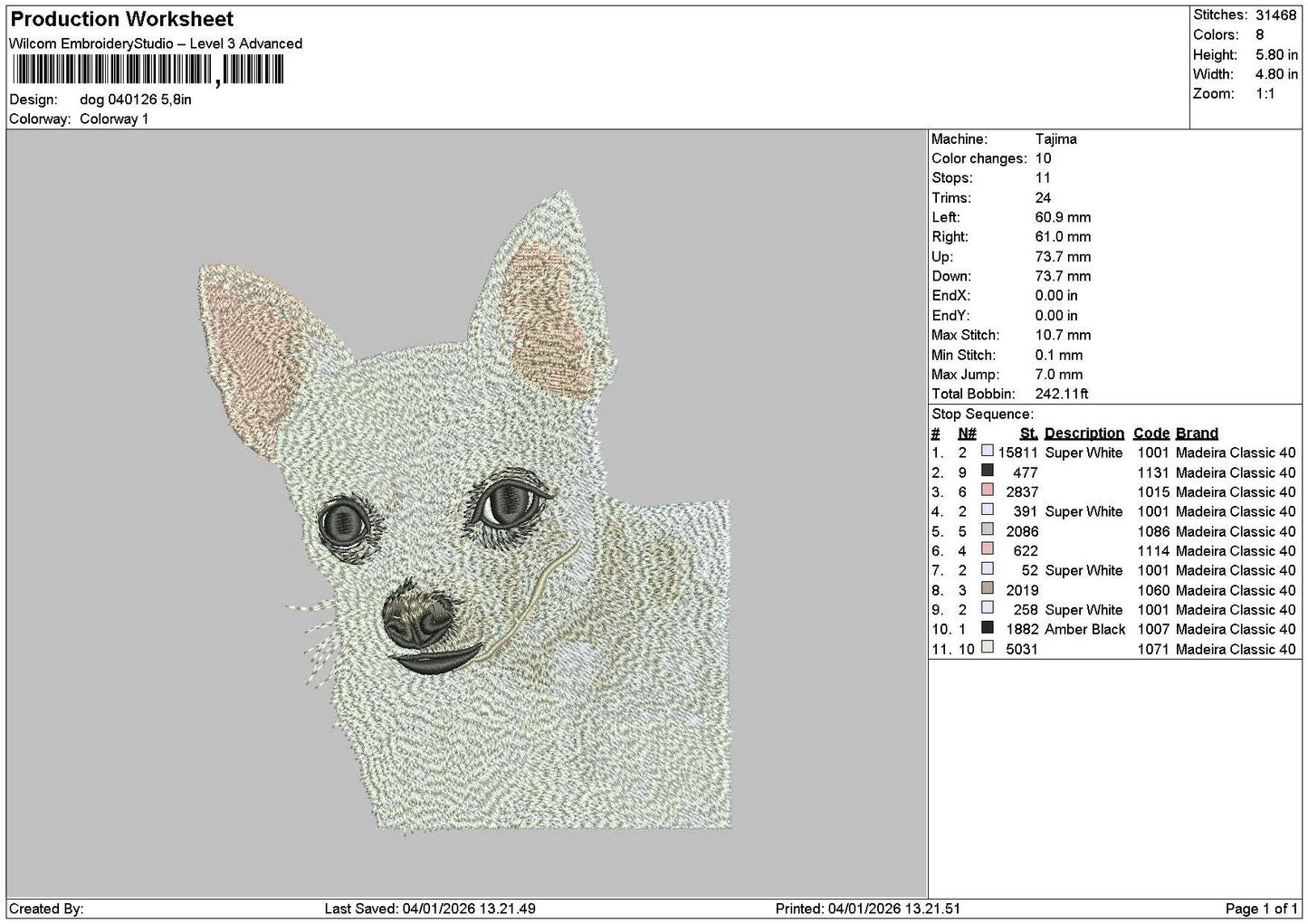 Dog 0401 Embroidery File 6 sizes