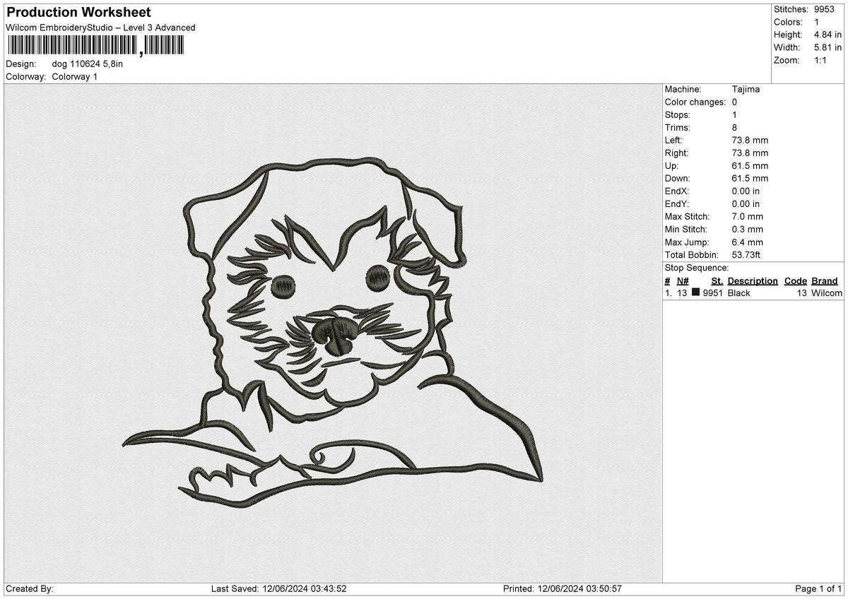 Dog 110624 Embroidery File 5 Size