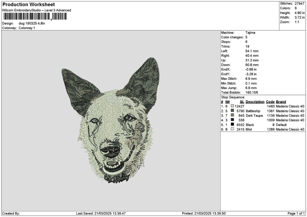 Dog Head 1903 Embroidery File 6 sizes