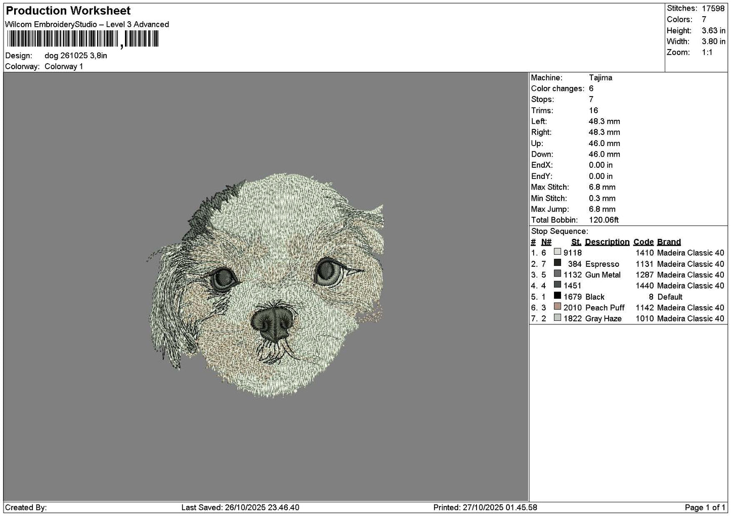 Dog 2610 Embroidery File 6 sizes