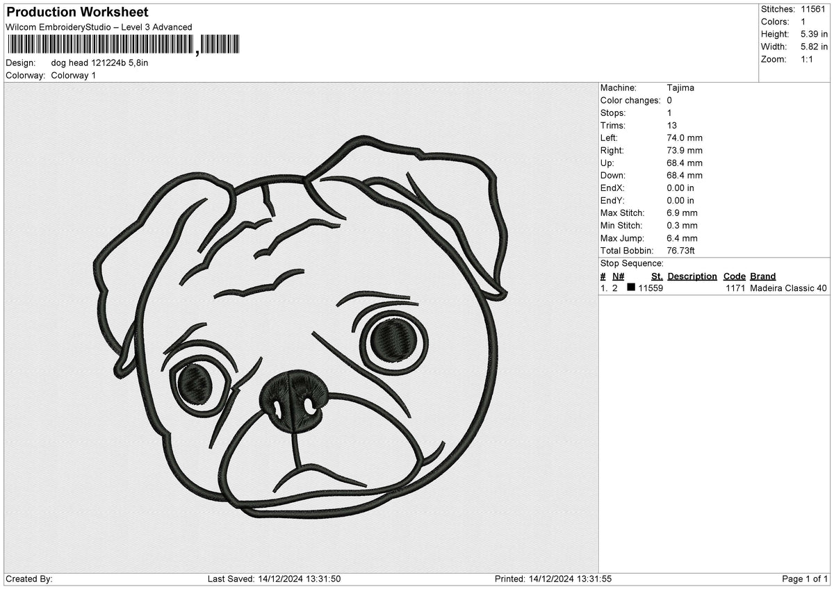 Dog Head 121224 B Embroidery File 6 size