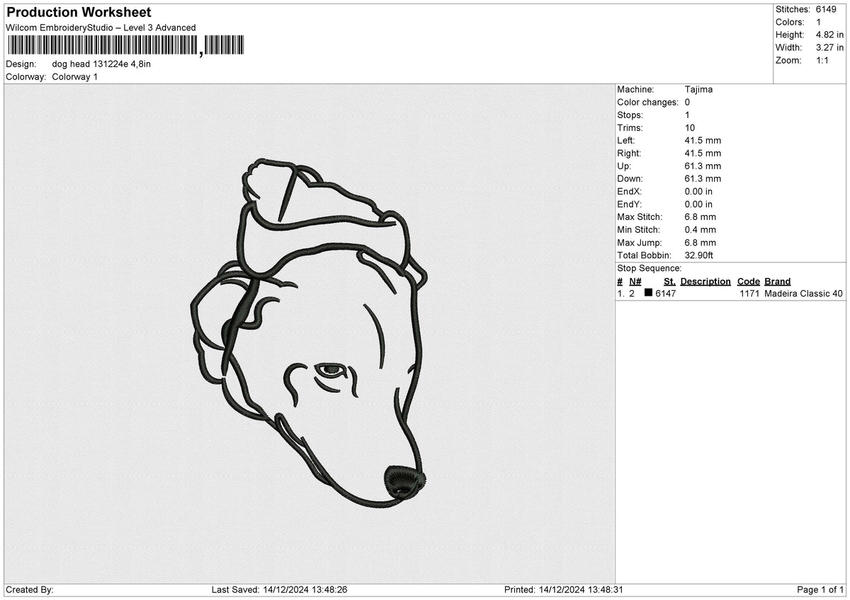 Dog Head 121224 E Embroidery File 9 size