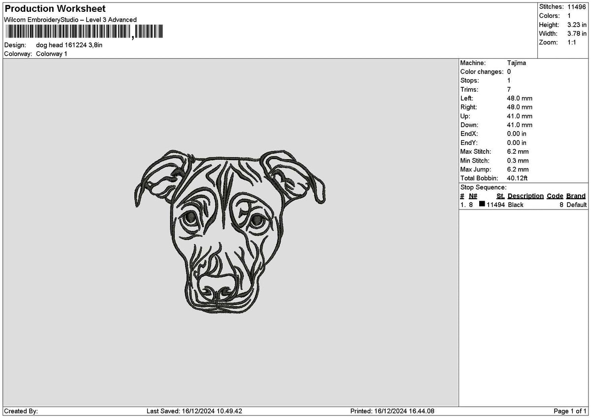 Dog Head Outline 1612 Embroidery File 6 sizes