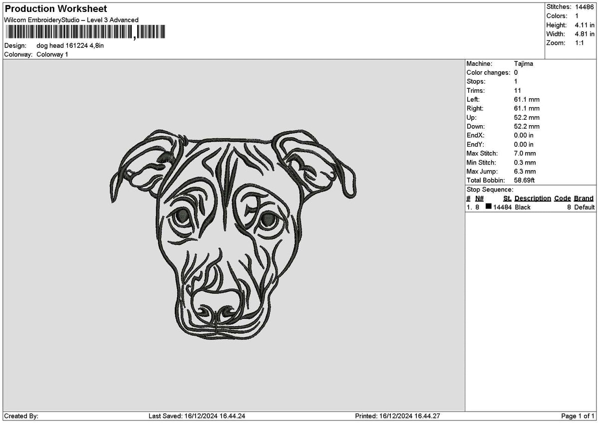 Dog Head Outline 1612 Embroidery File 6 sizes