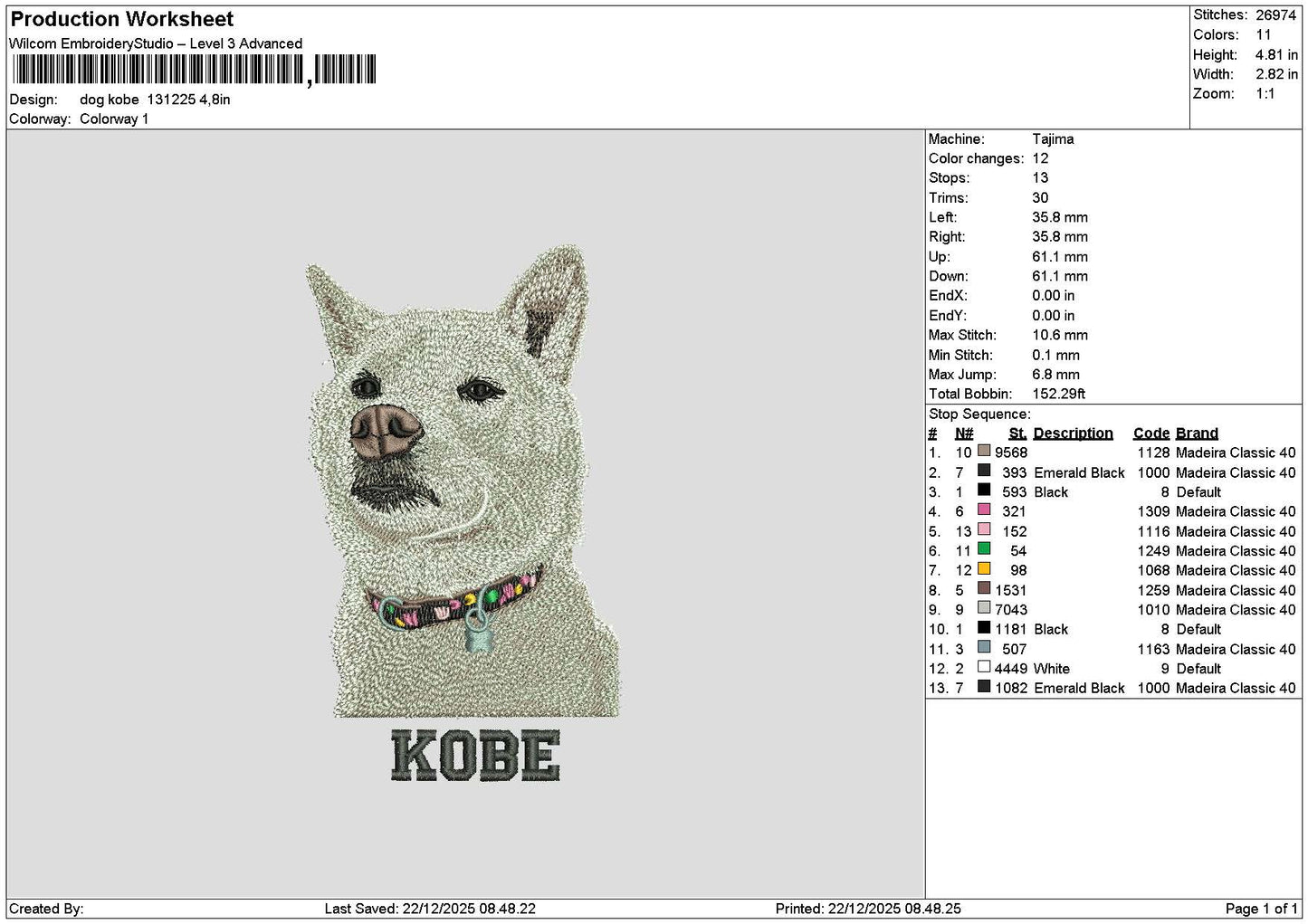 Dog Kobe Embroidery File 6 sizes