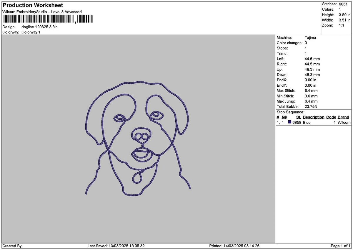 Dog Line 1203 Embroidery File 6 sizes