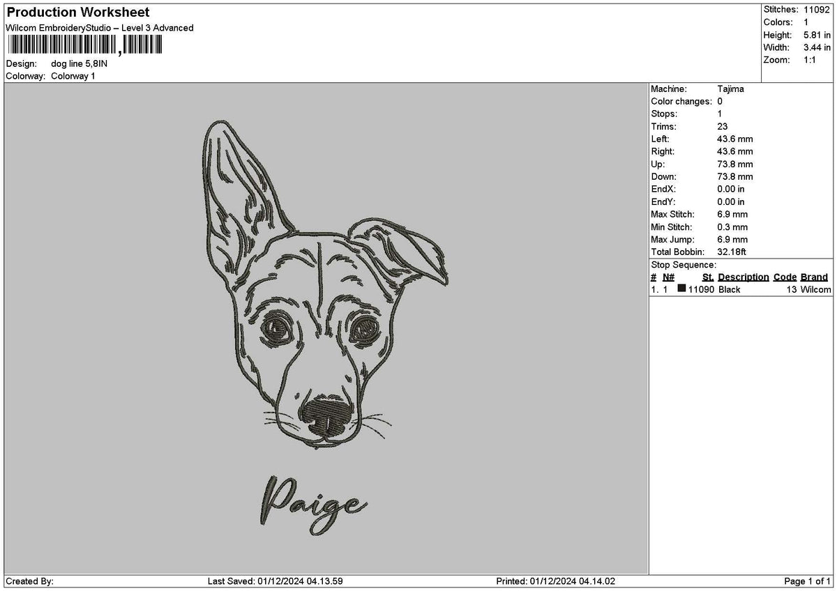 Dog Line 0112 Embroidery File 6 sizes