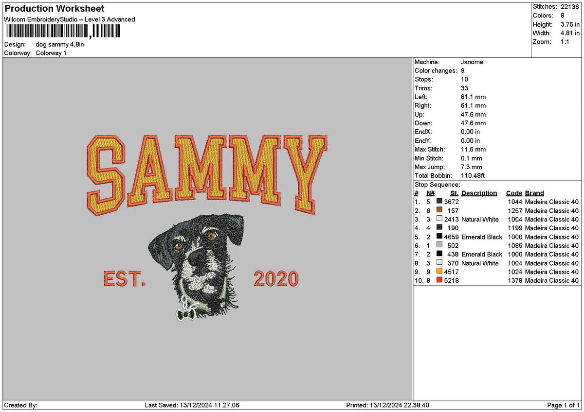 Sammy Dog Embroidery File 6 sizes