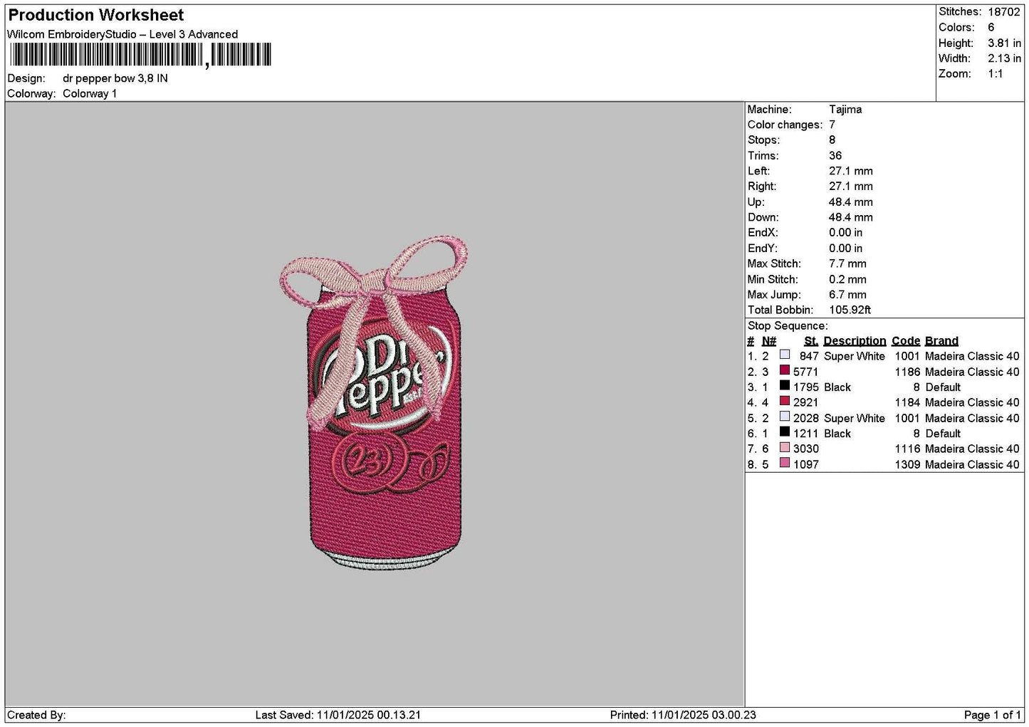Drpepperbow Embroidery File 6 sizes