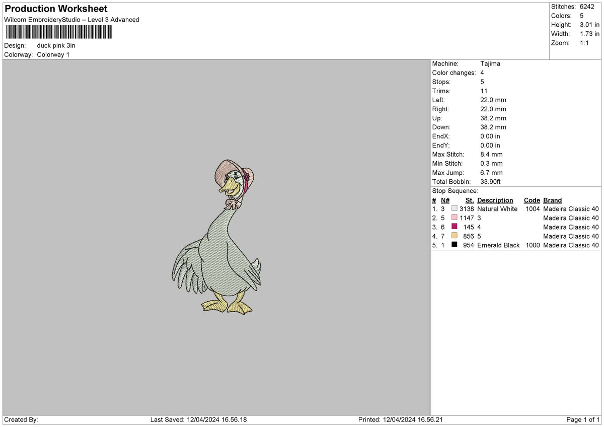 Duckpink Embroidery File 6 sizes