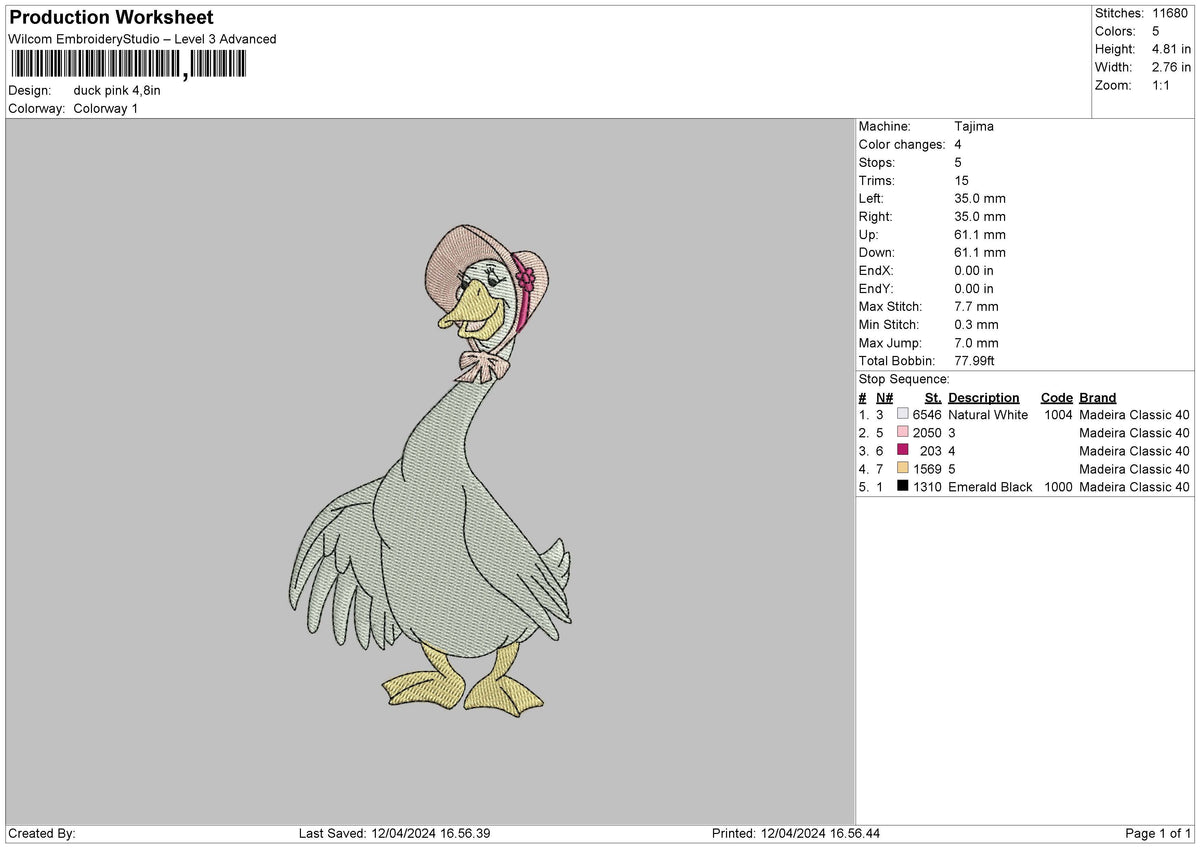 Duckpink Embroidery File 6 sizes