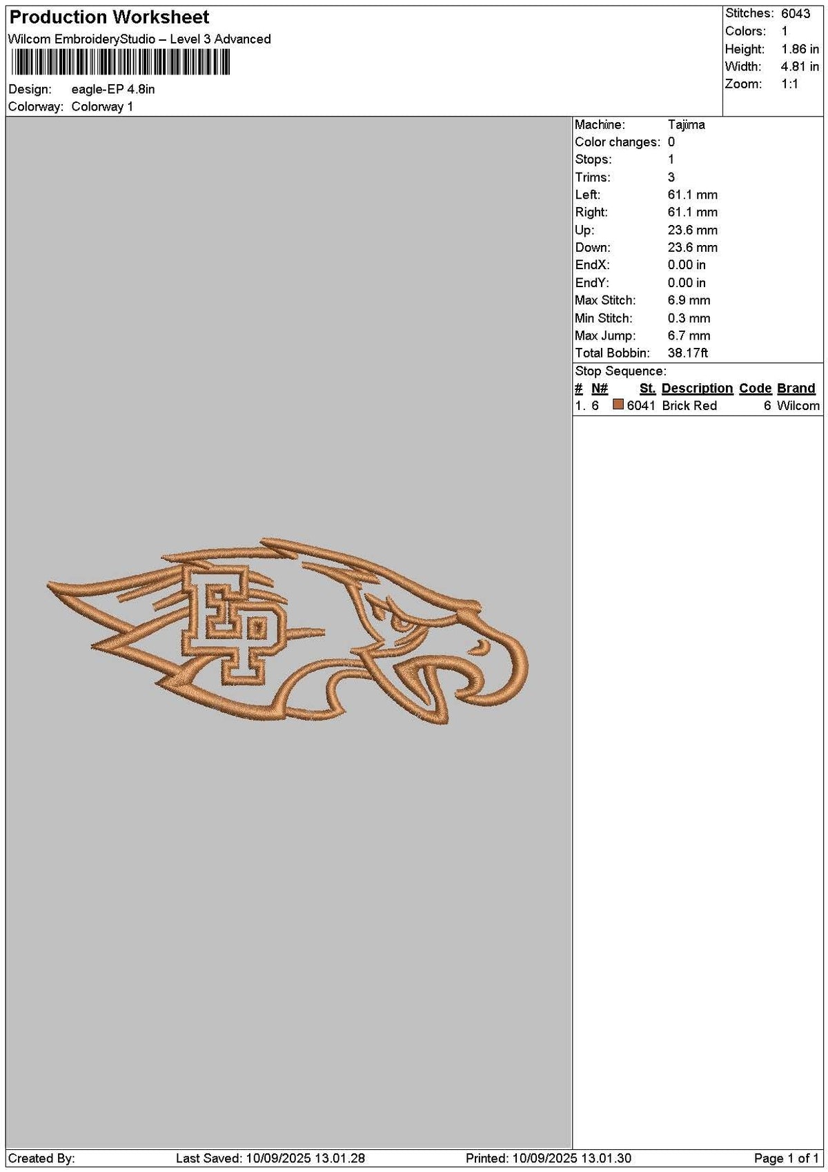 Eagle 1009 Embroidery File 6 sizes