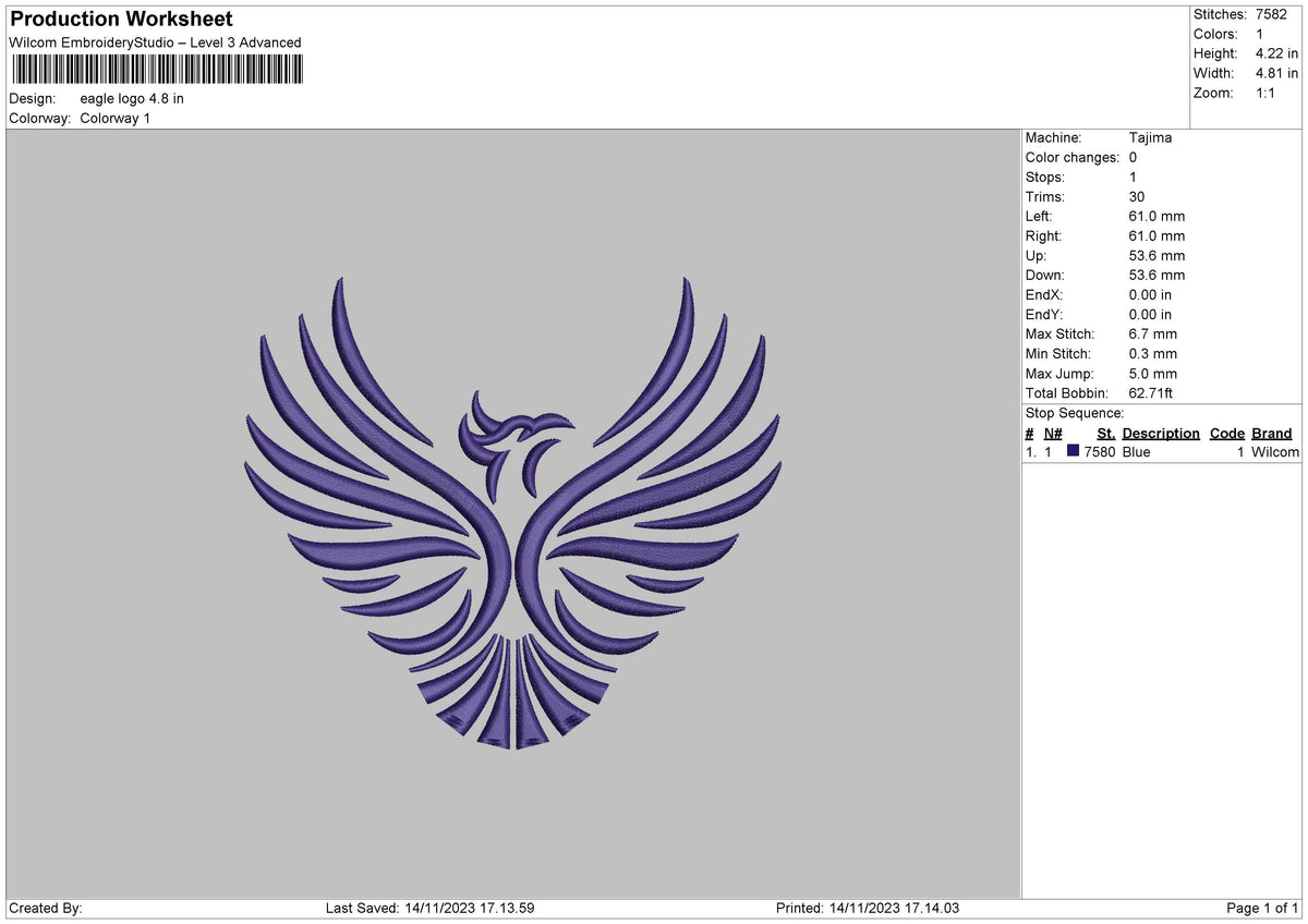 Eagle 1411 Embroidery File 6 sizes
