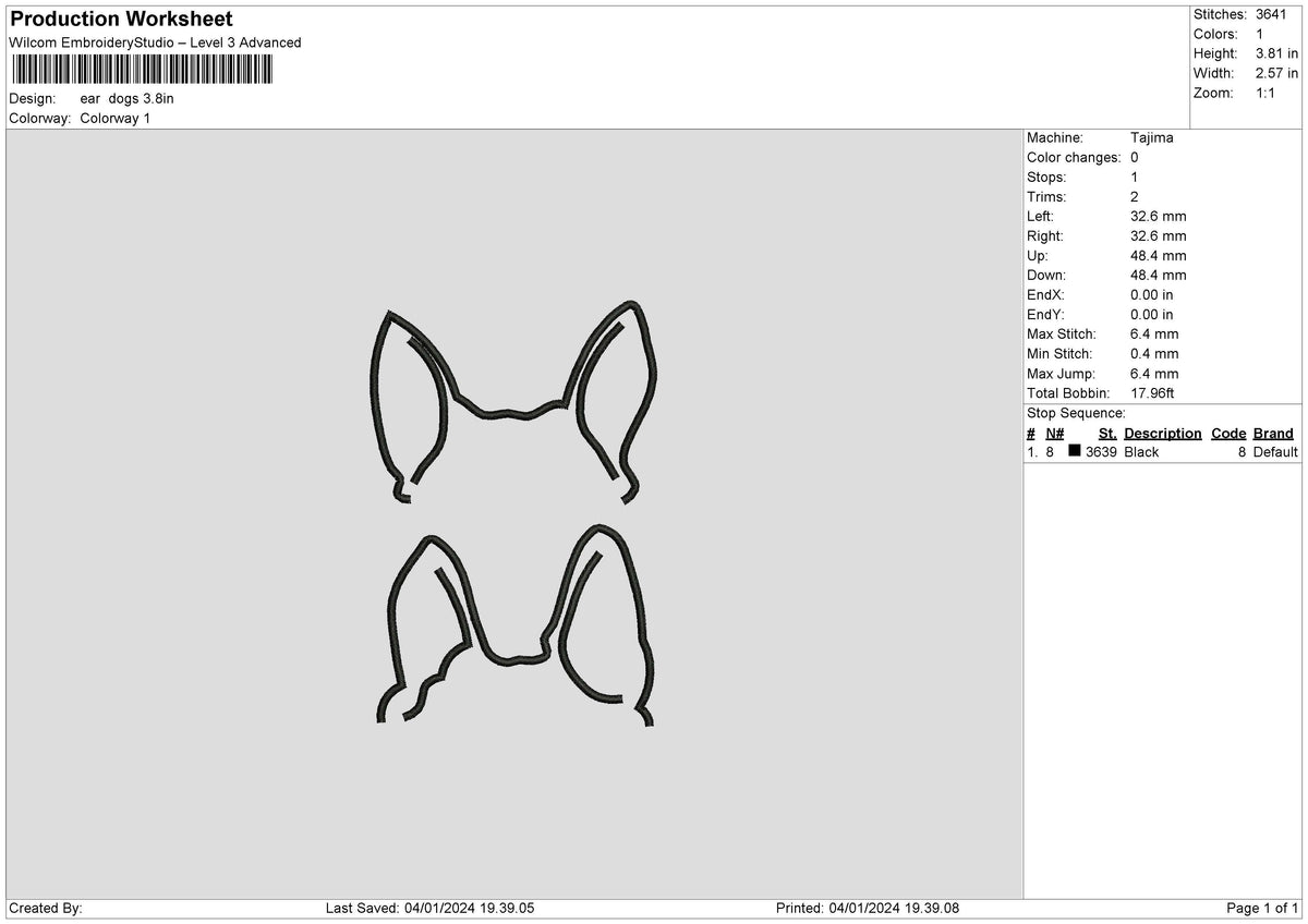 Ear Dogs Embroidery File 6 sizes