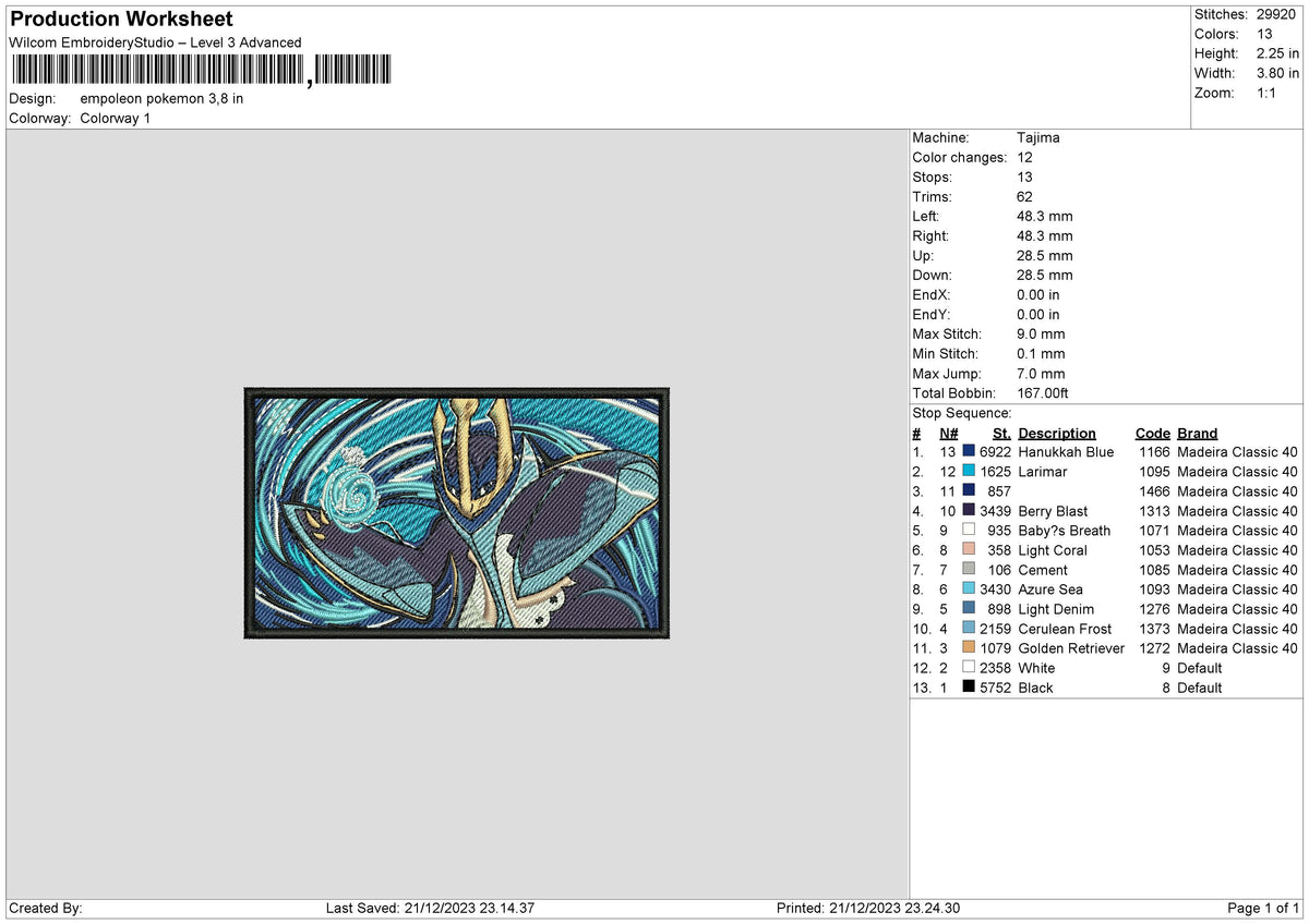 Empoleon Rectangle Embroidery File 6 sizes