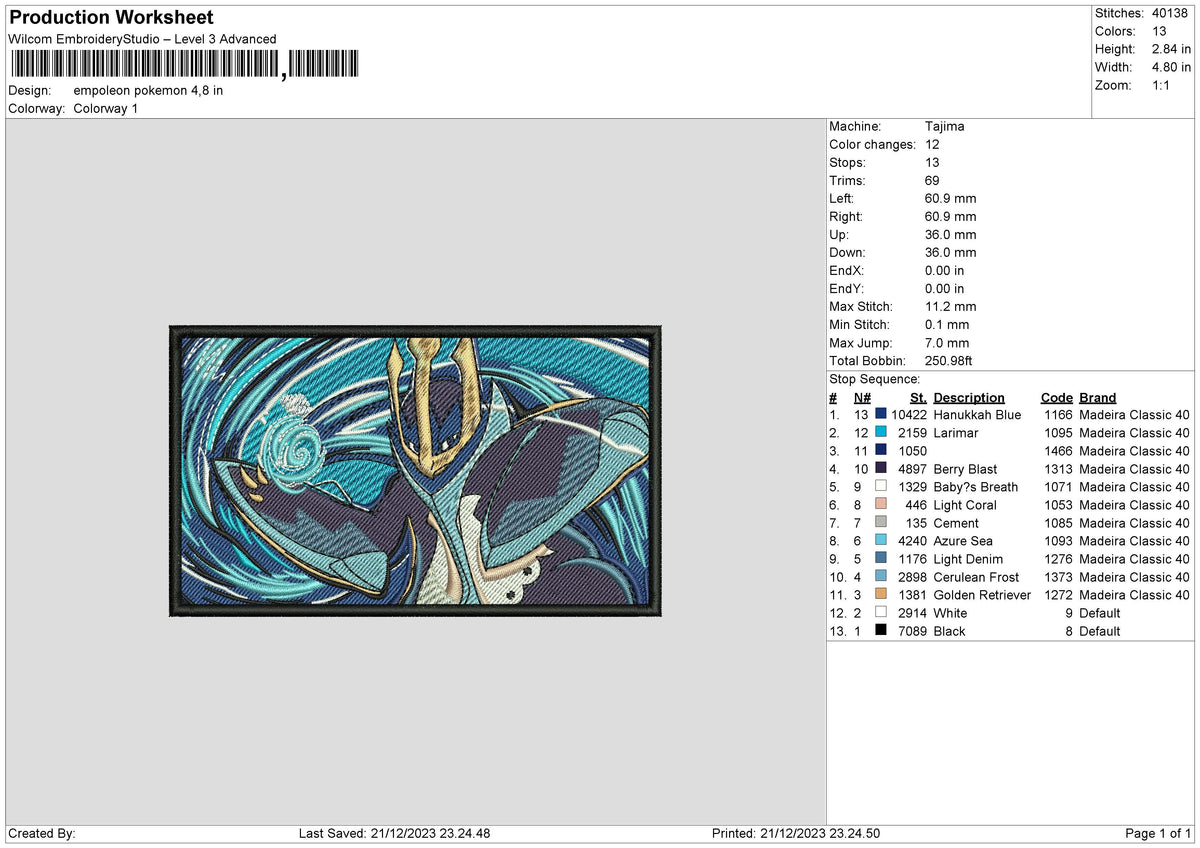 Empoleon Rectangle Embroidery File 6 sizes