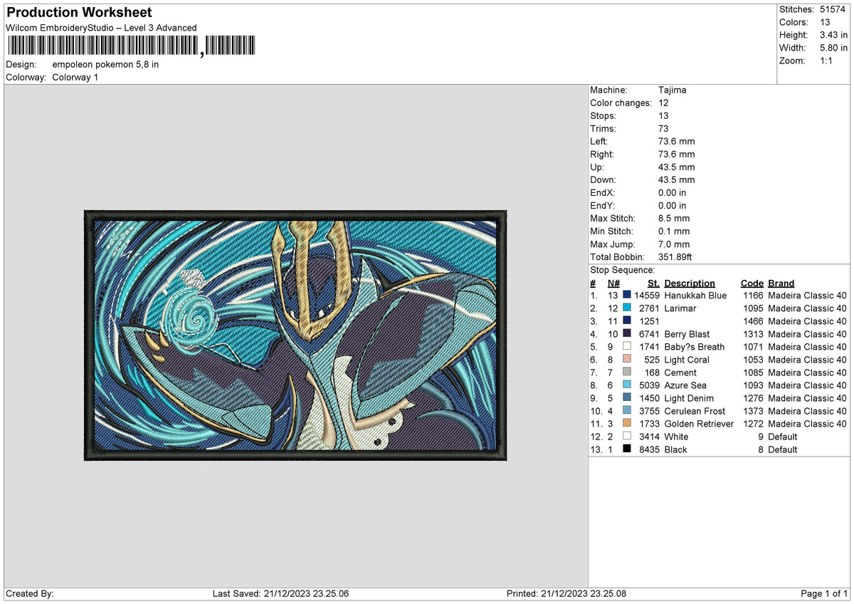 Empoleon Rectangle Embroidery File 6 sizes