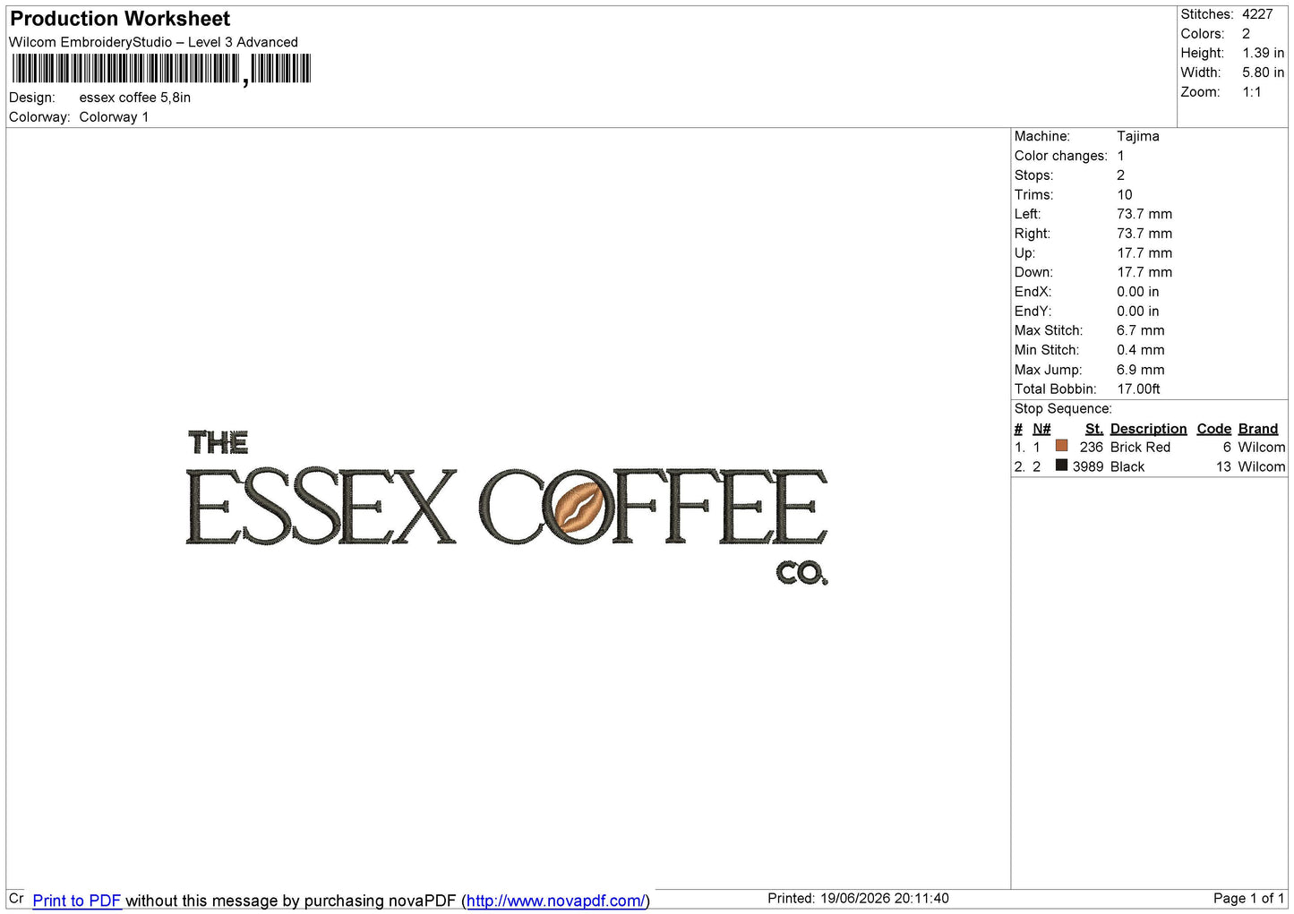 Essex coffee Embroidery File 6 sizes