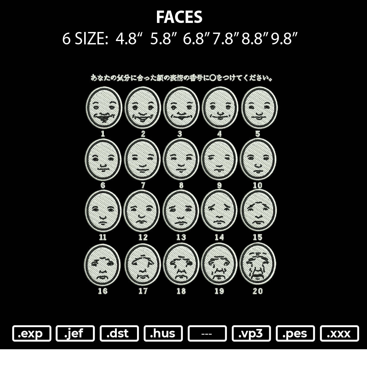Faces Embroidery File 6 sizes
