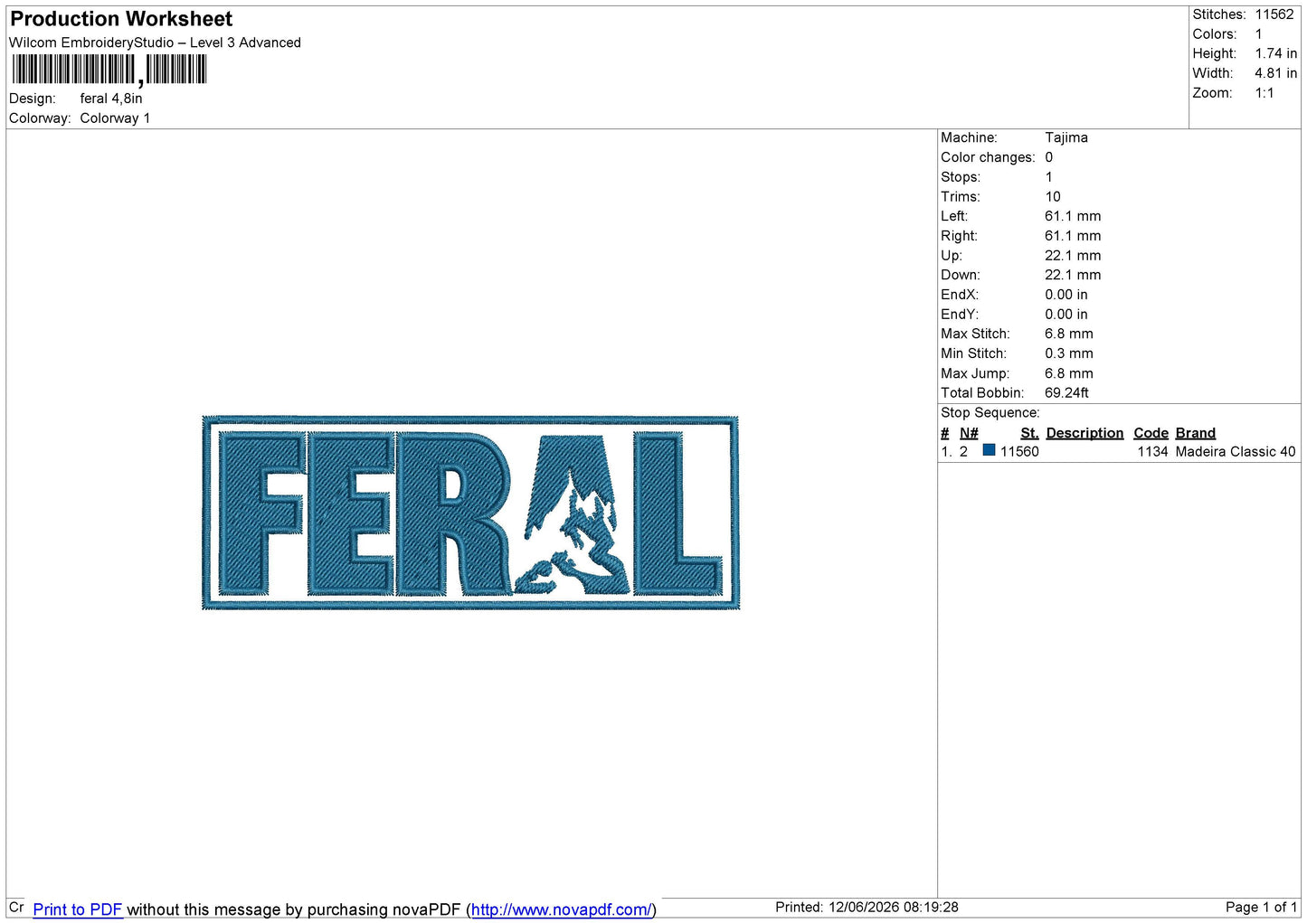 Feral Embroidery File 6 size