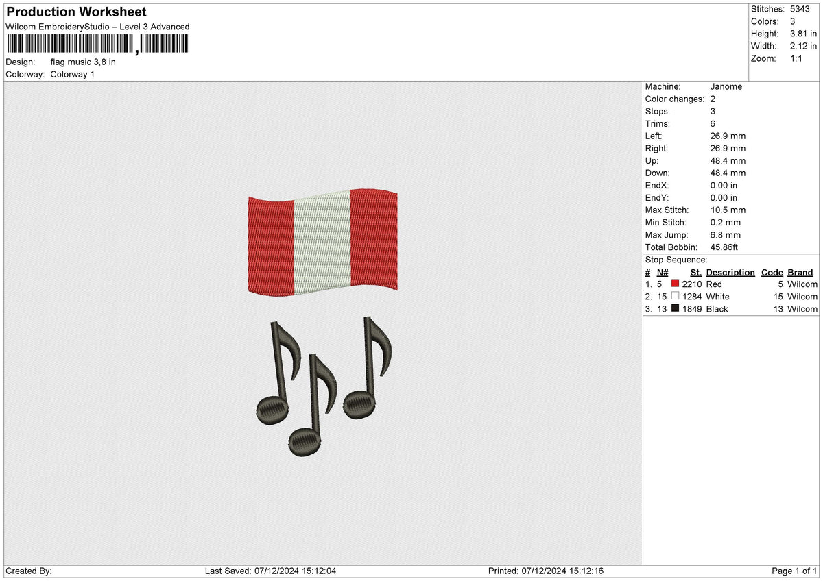 flag music Embroidery File 6 size