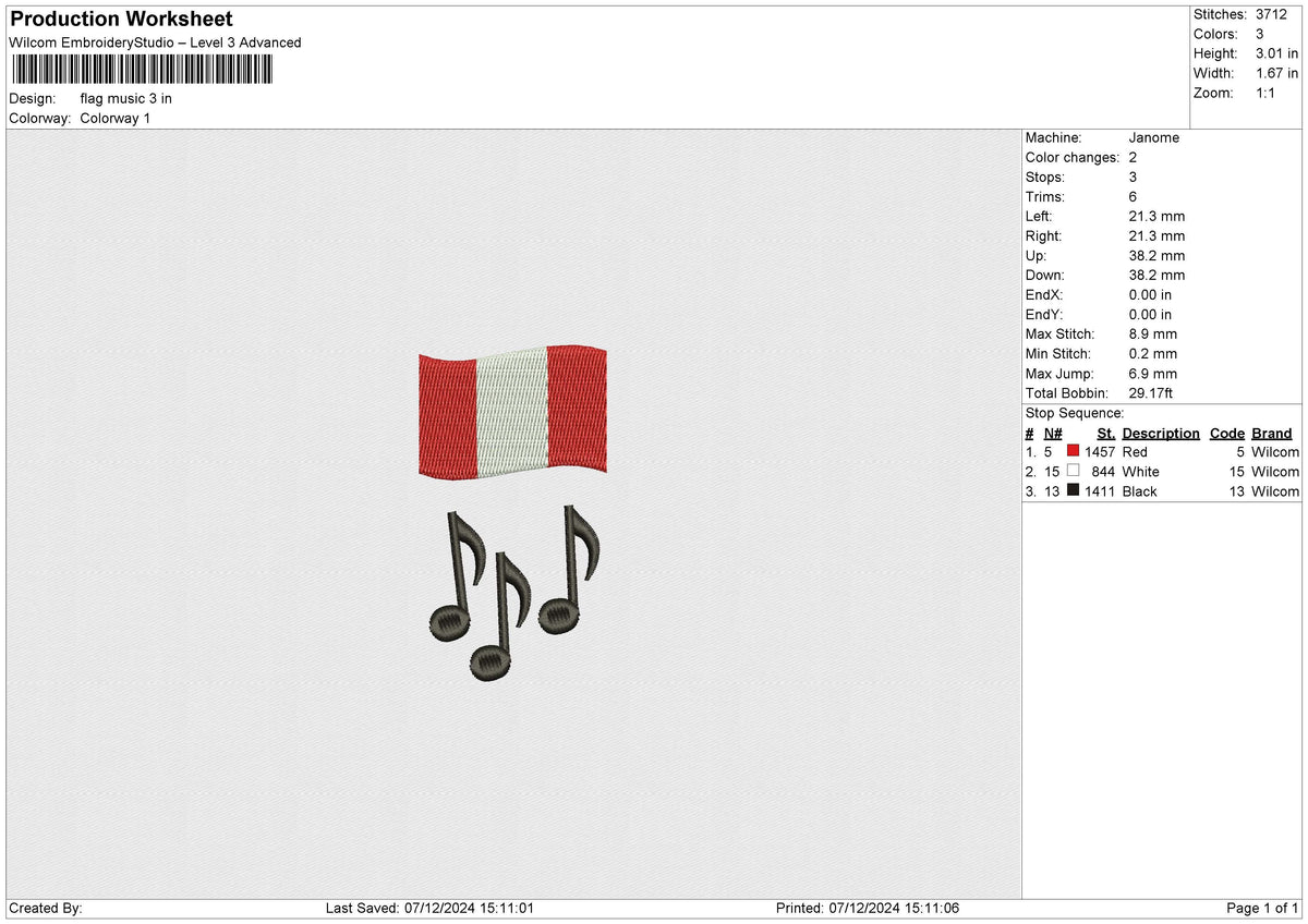 flag music Embroidery File 6 size