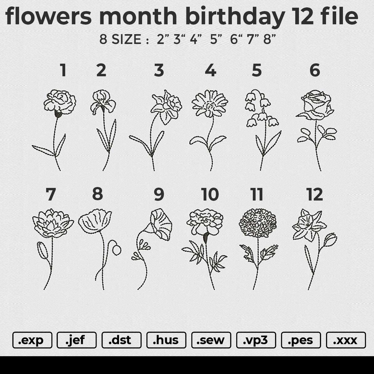 flowers month birthday Embroidery File 12 size