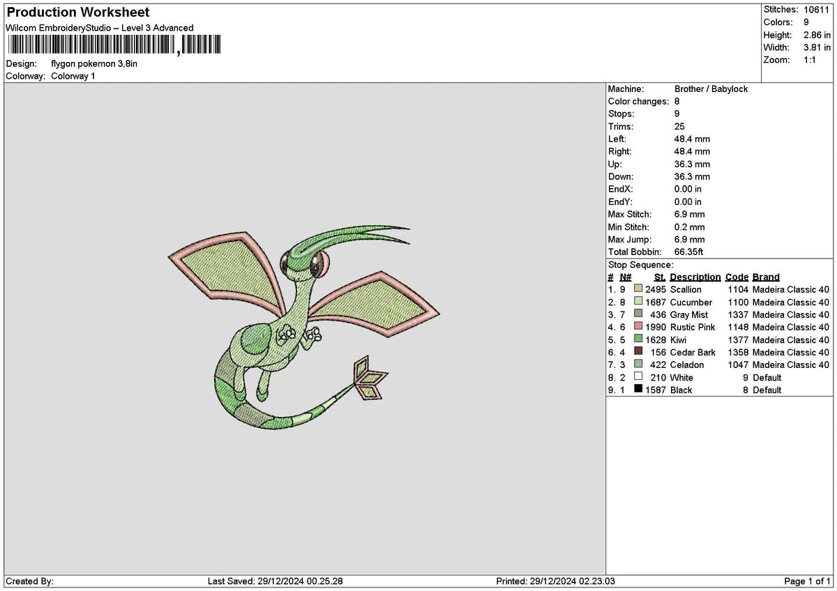 Flygon Embroidery File 6 sizes