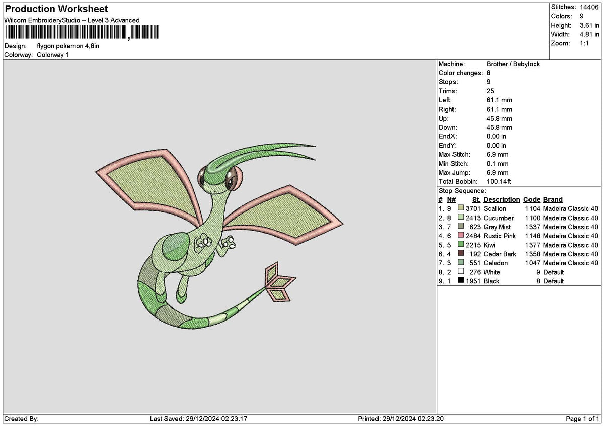 Flygon Embroidery File 6 sizes