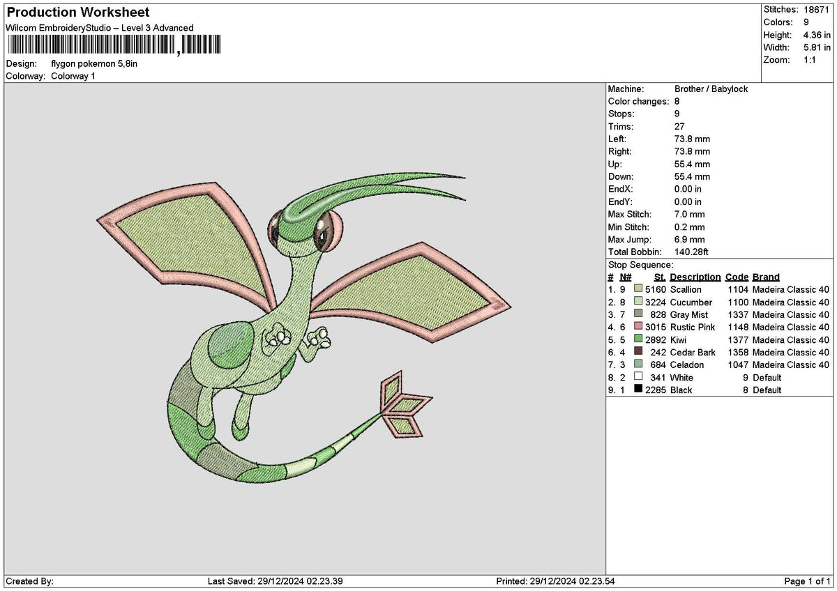 Flygon Embroidery File 6 sizes