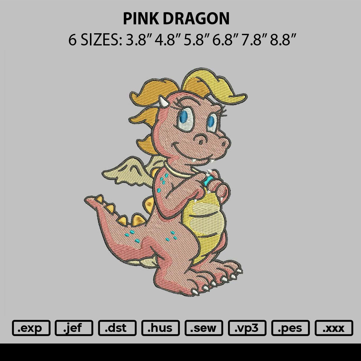 Pink Dragon Embroidery File 6 sizes