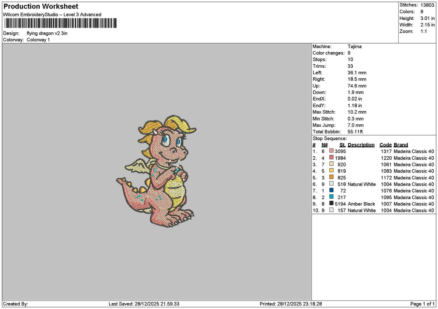 Pink Dragon Embroidery File 6 sizes