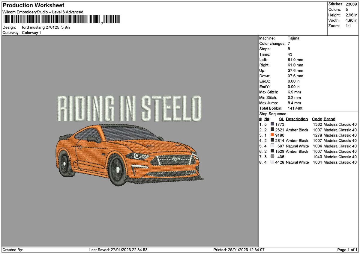 Orange Car 2701 Embroidery File 6 sizes