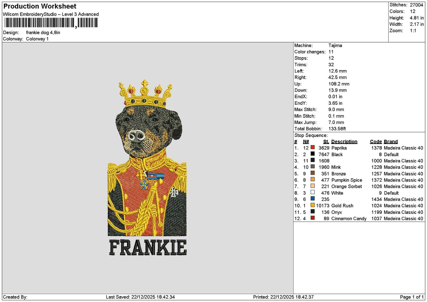 Frankie Dog Embroidery File 6 sizes
