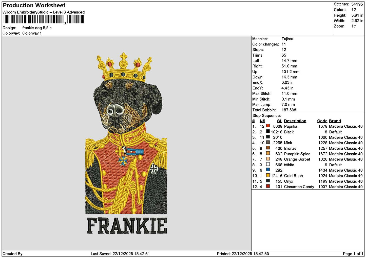 Frankie Dog Embroidery File 6 sizes