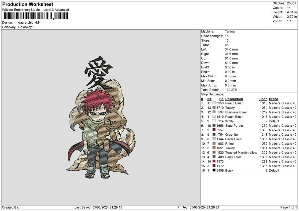 Gaara Chibi 02 Embroidery File 6 sizes
