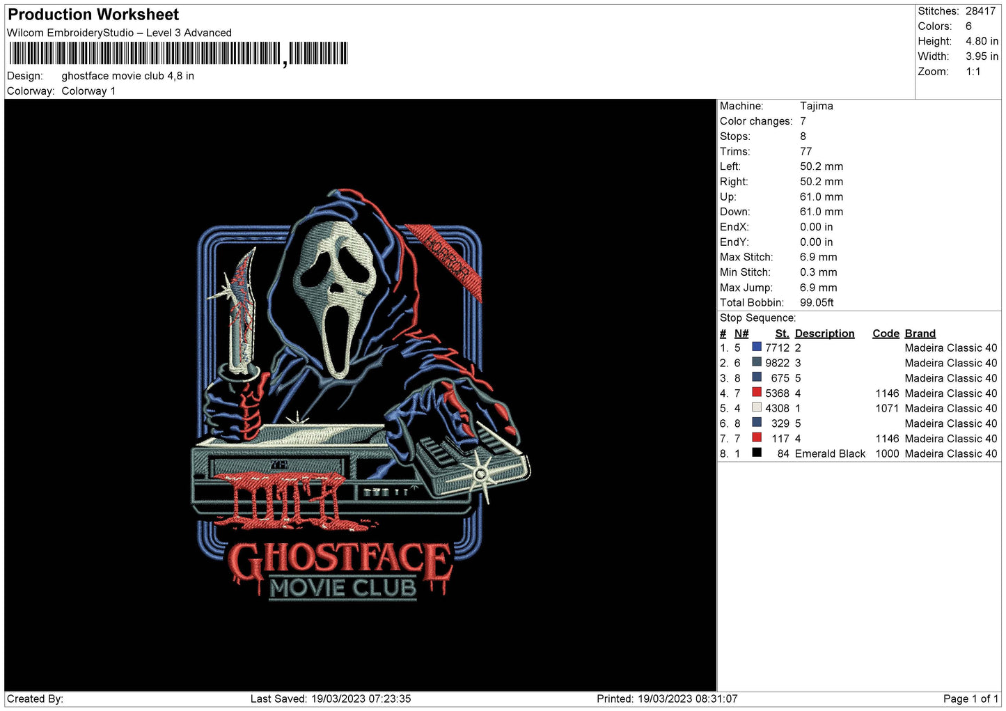 Ghostface Embroidery File 6 sizes