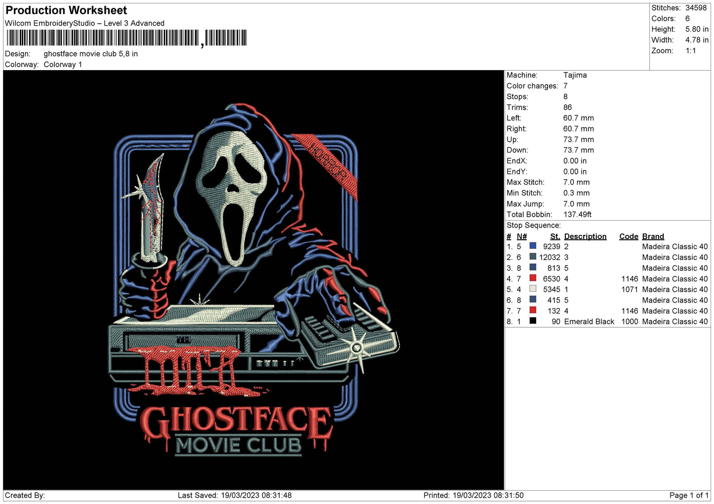 Ghostface Embroidery File 6 sizes