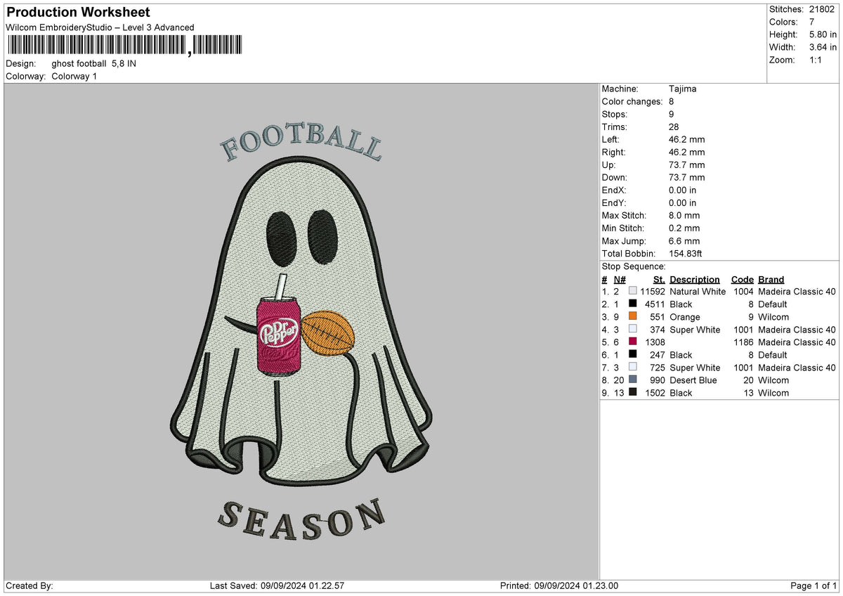 Ghost Football Embroidery File 6 sizes