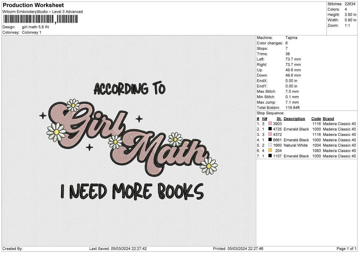 Girl math Embroidery File 6 size