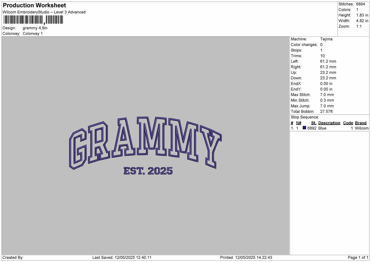 GRAMMY Embroidery File 6 Size