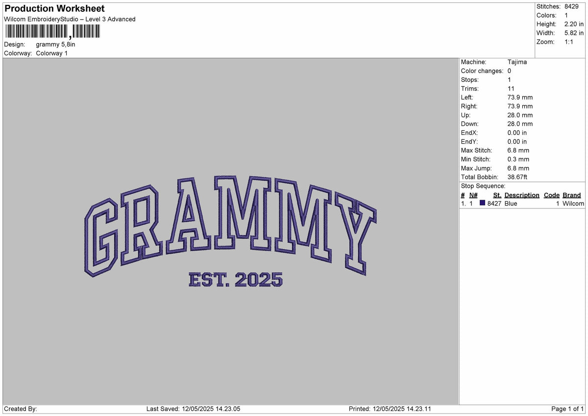 GRAMMY Embroidery File 6 Size