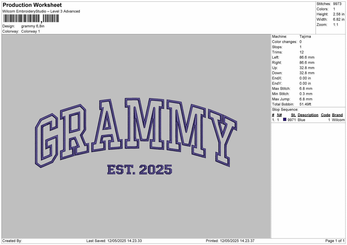 GRAMMY Embroidery File 6 Size