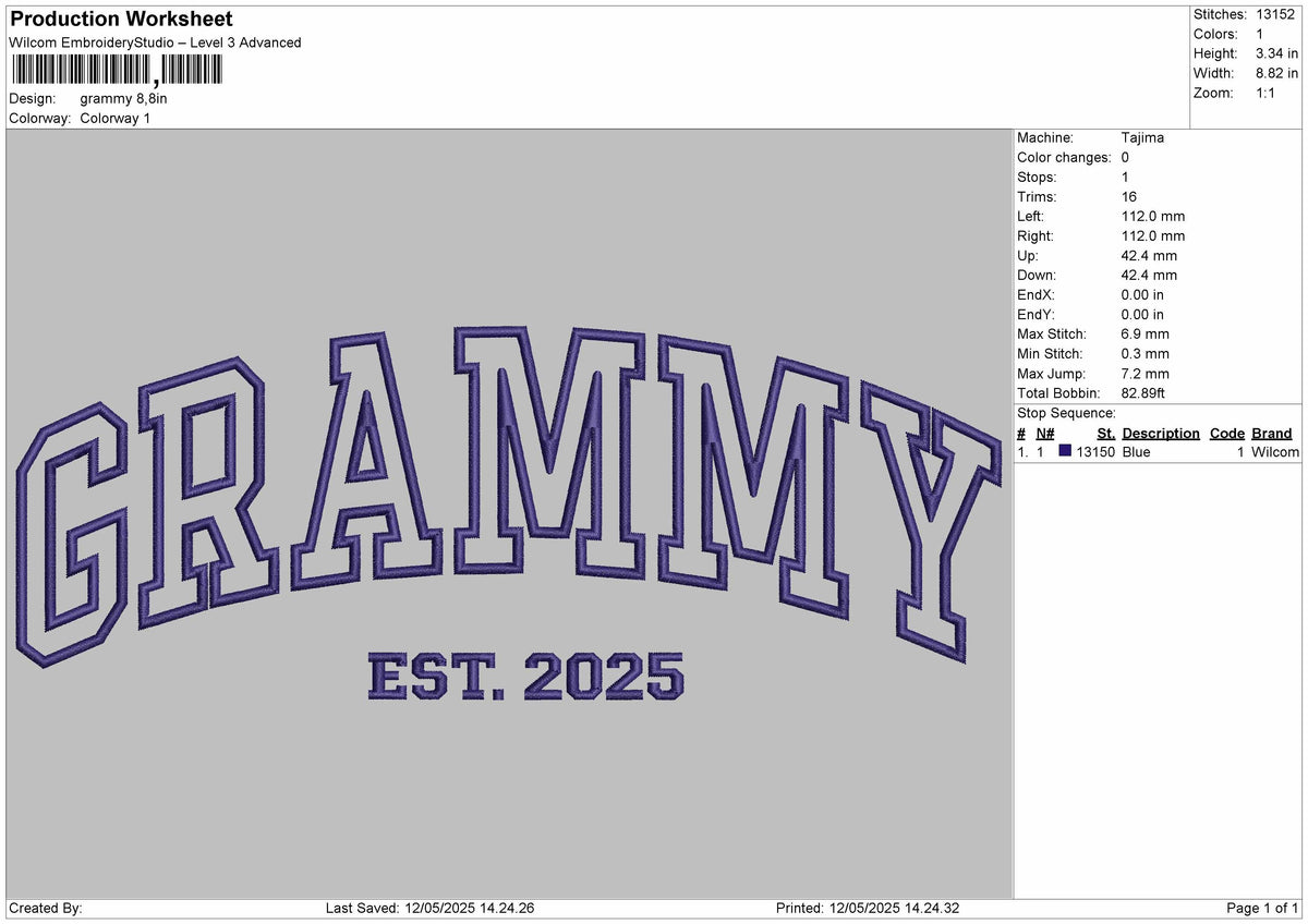 GRAMMY Embroidery File 6 Size