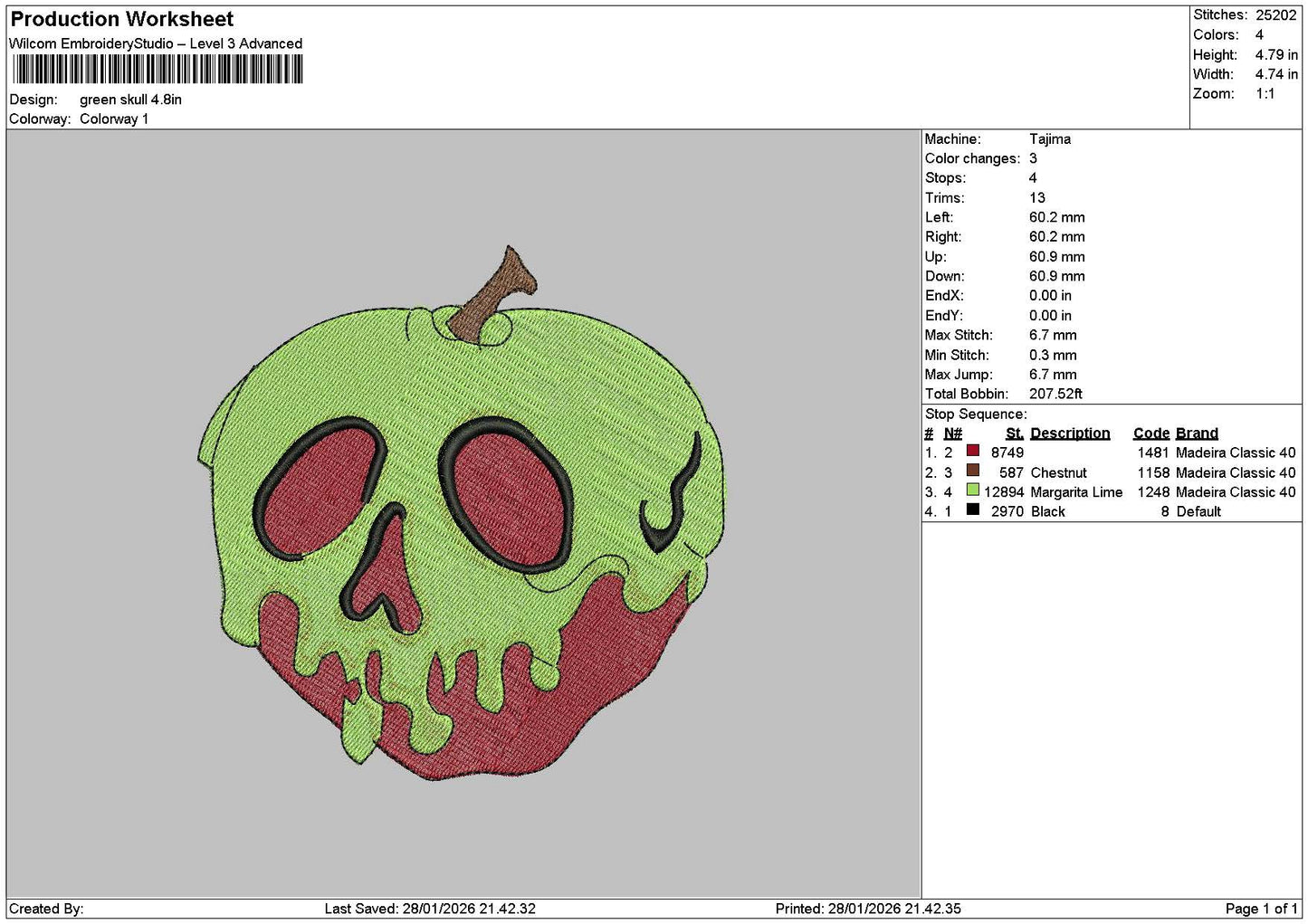 Apple Skull Embroidery File 6 sizes