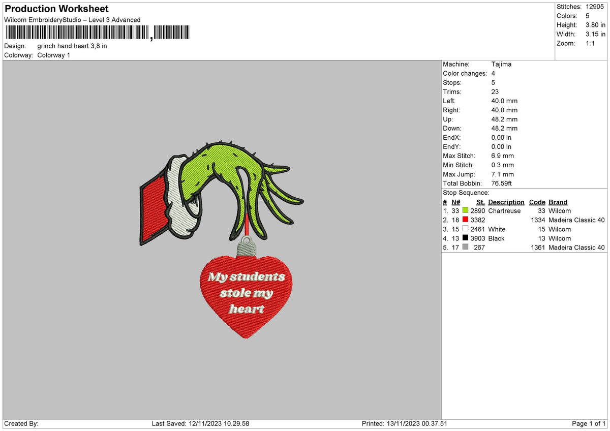 Grinch Hand V2 Embroidery File 6 sizes