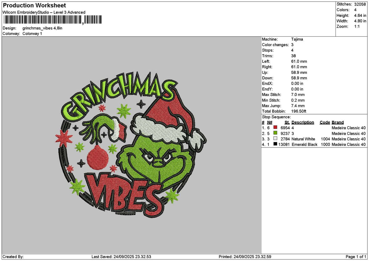 Grinchxmas 2409 Embroidery File 6 sizes